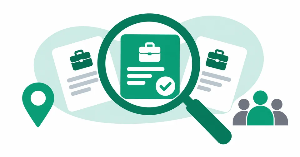 Flat illustration in green, gray and white: a magnifying glass highlights a selected job card beside location and audience icons.