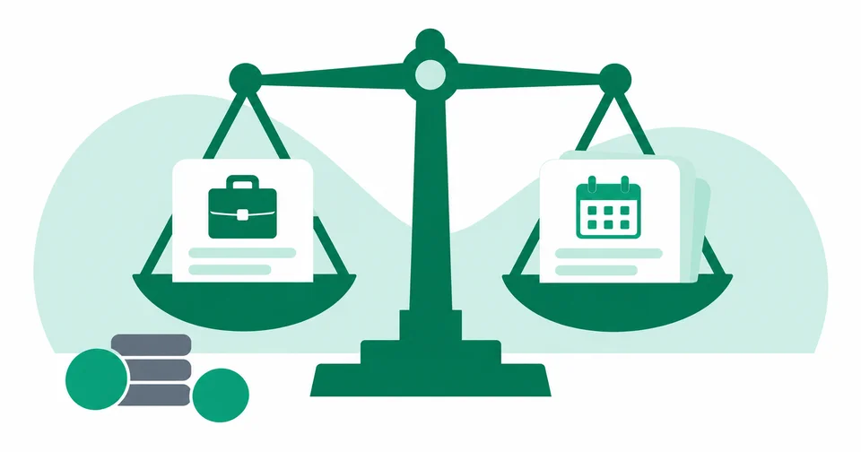 Flat illustration in green, gray and white: a balance compares a single job advert with a posting bundle and calendar, beside coin symbols.